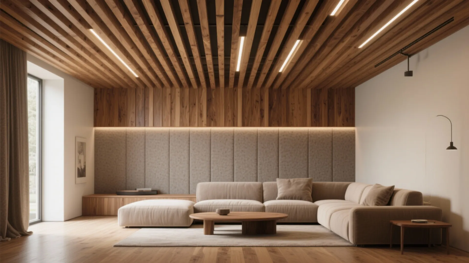 Modern living room with beige sofa wooden coffee table wood slat ceiling and recessed lights
