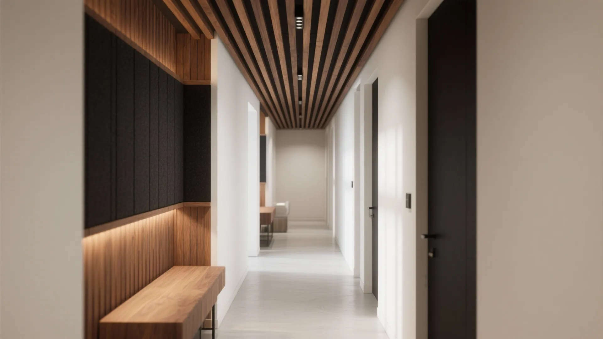 Modern hallway featuring wood wall panels slatted ceiling light floor white walls and wooden furniture