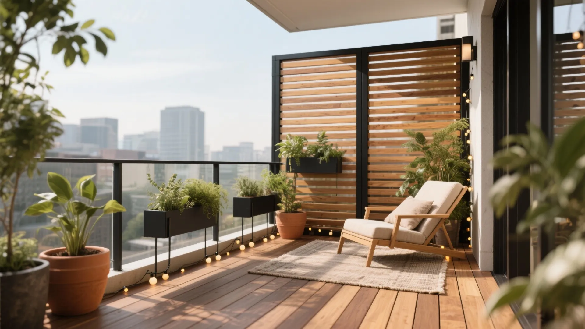 Warm wood decking and slatted screens