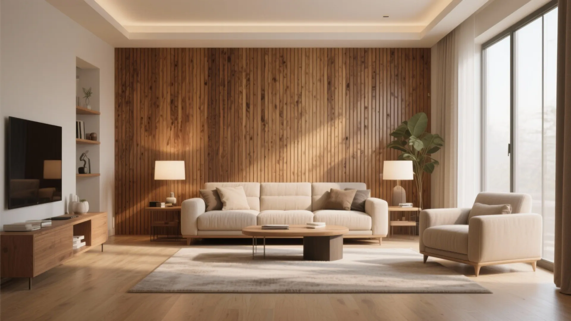 Bright living room with wooden wall panel, beige sofa, coffee table, green plant, and windows