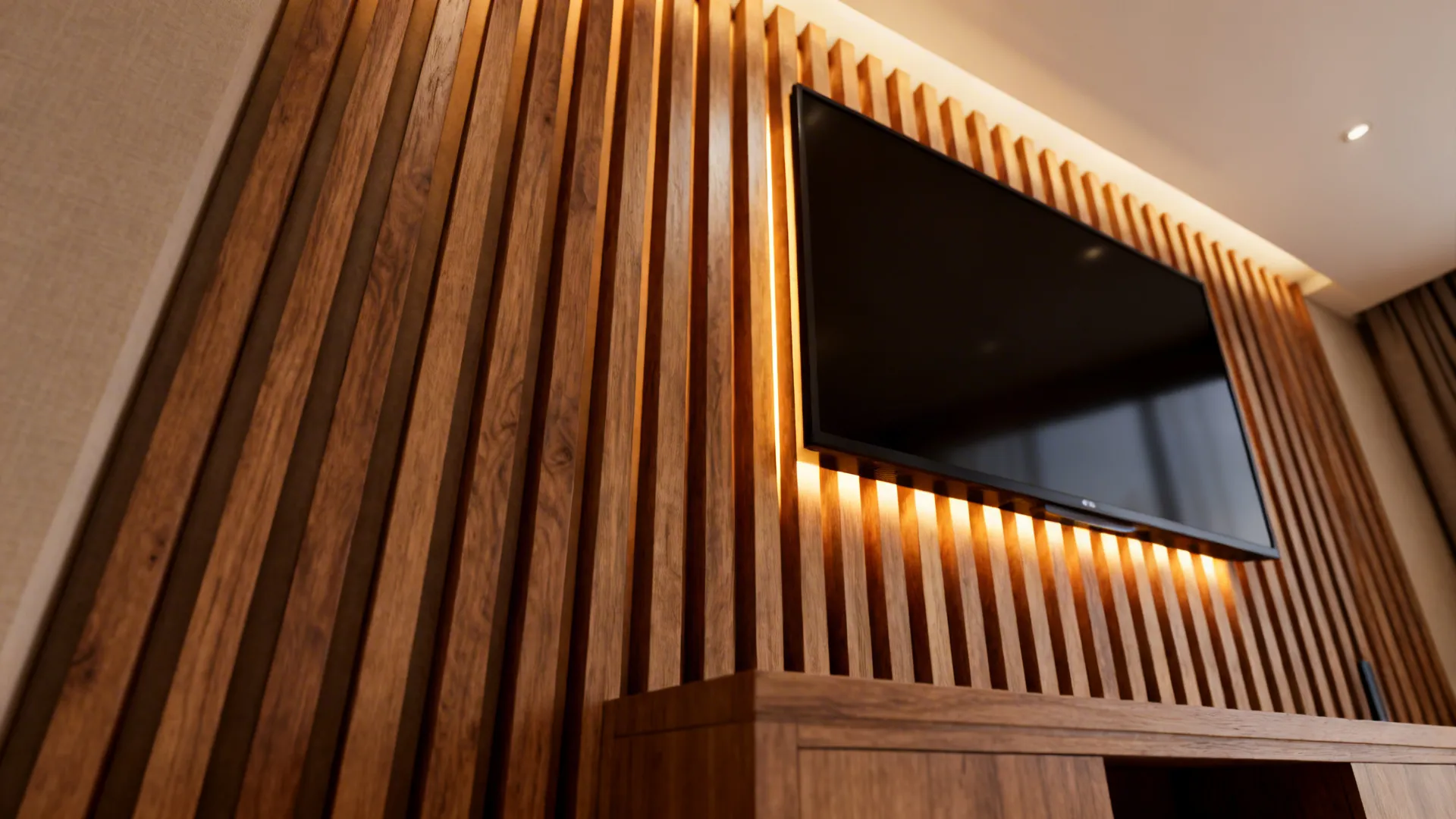 4. Wood Slat Accent Wall with Integrated Lighting