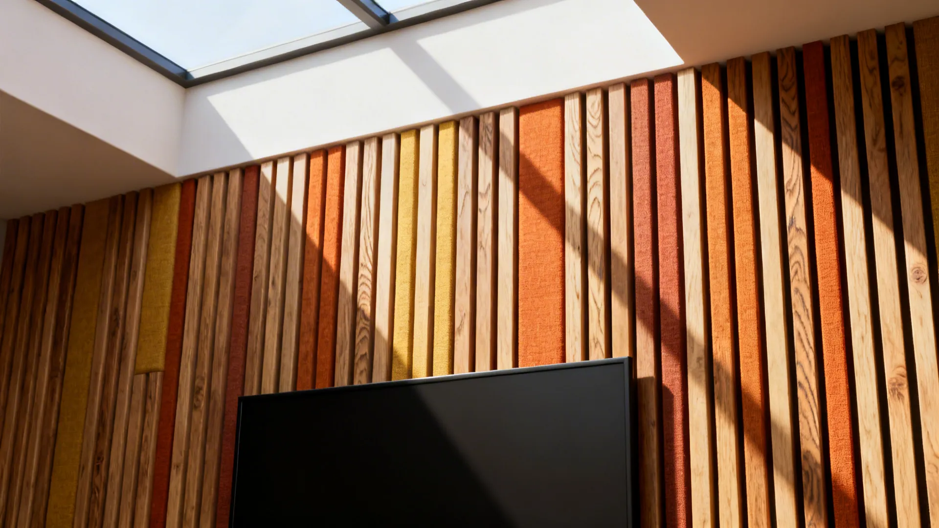 Textured wood slat accent wall behind a mounted TV, showing wood grain and warm shadows