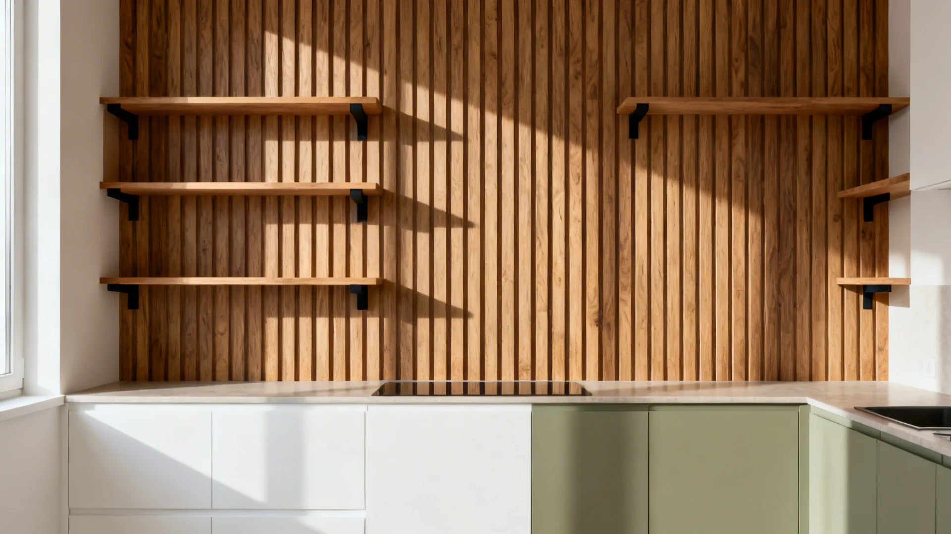 Small kitchen accent wall with vertical faux wood slat wallpaper and open shelves with black brackets.