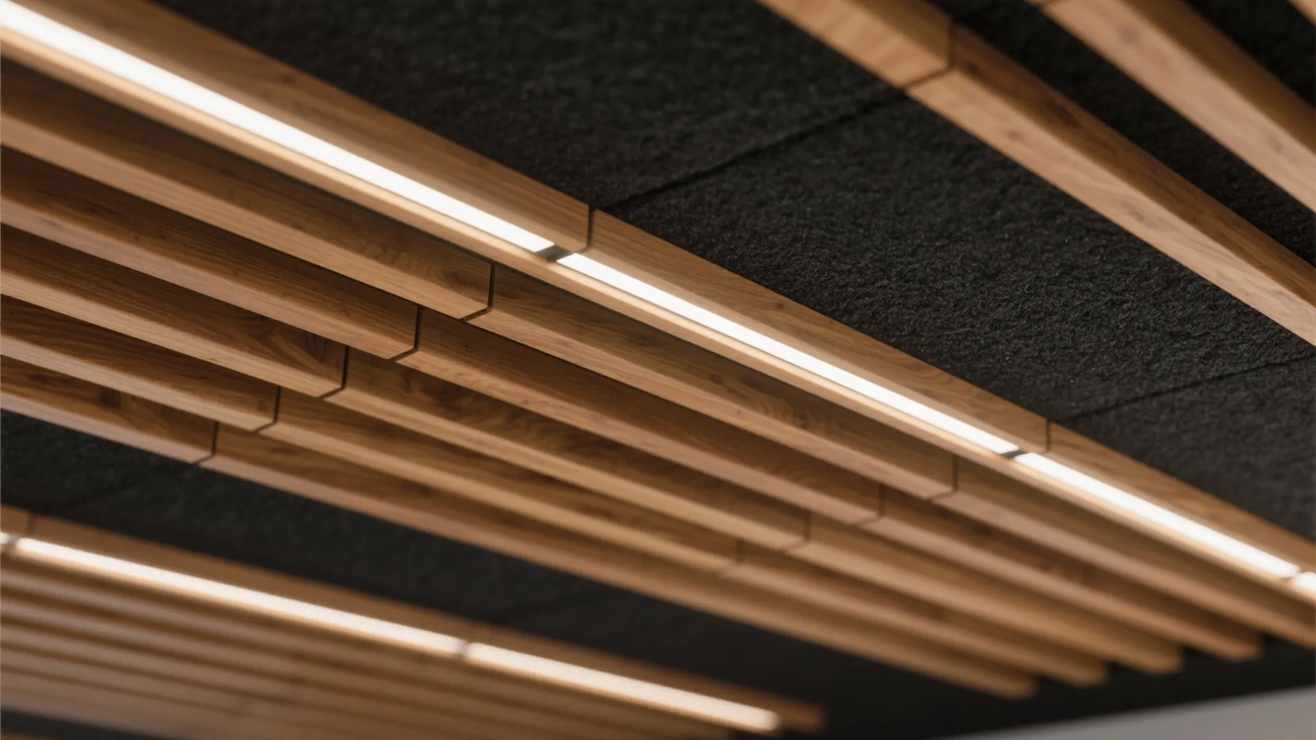 3) Wood Slat Ceiling with Acoustic Layer: Warmth You Can Hear