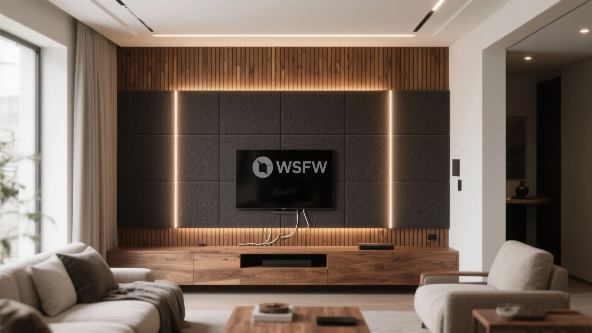 Acoustic Wood Slat Wall with Integrated Lighting