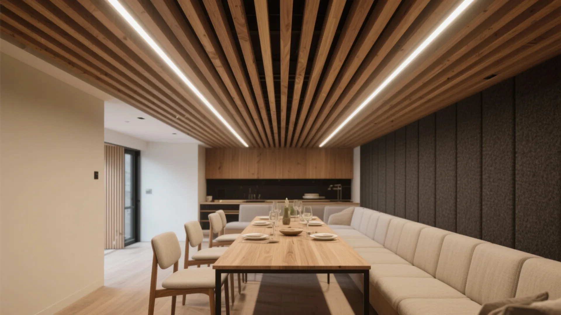 Modern dining room featuring wood ceiling slats long table and light fixture for warm atmosphere