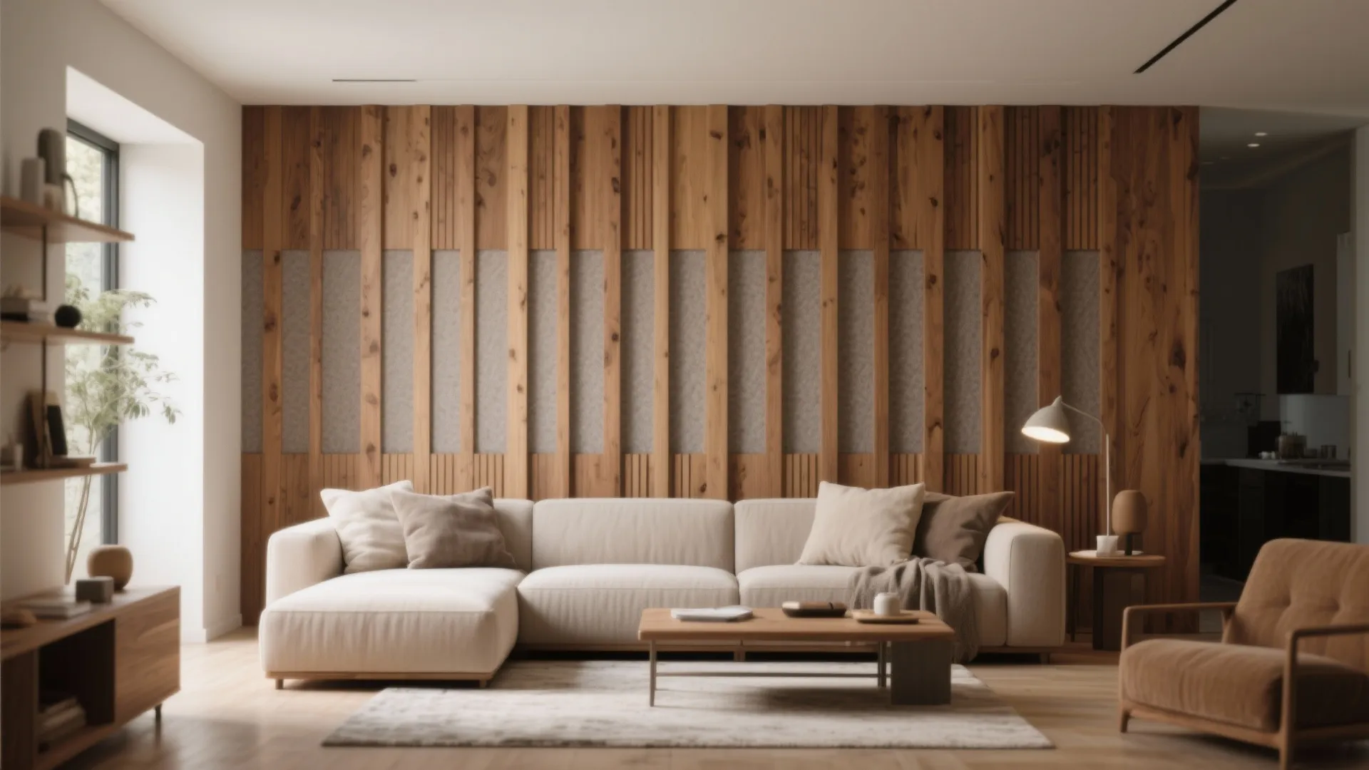 Wood slats and acoustic panels for warmth