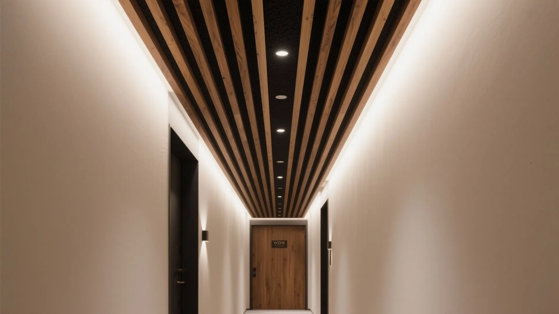 Wood Slat Ceiling with Acoustic Absorption