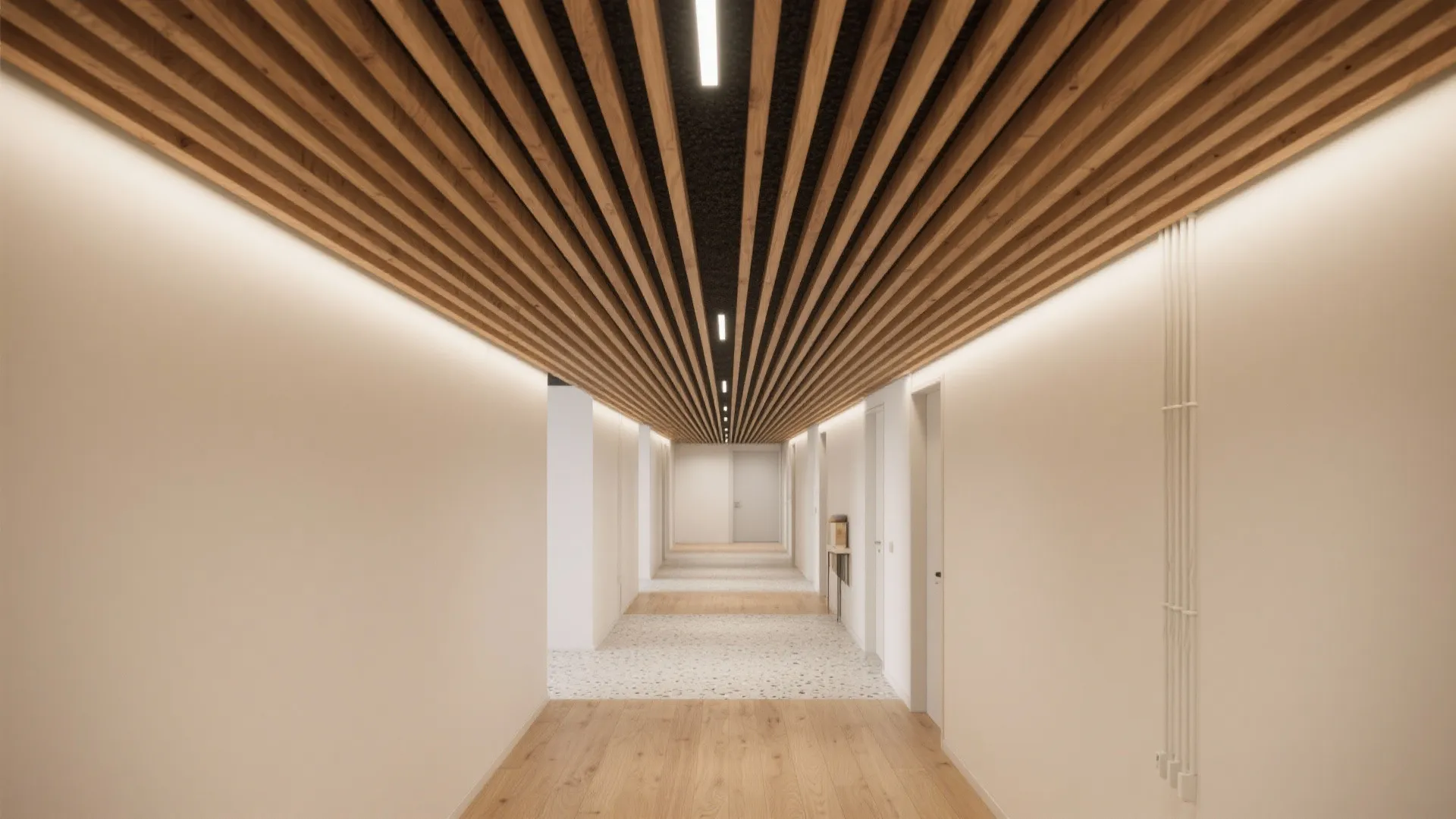 Wood slat ceiling with acoustic backing