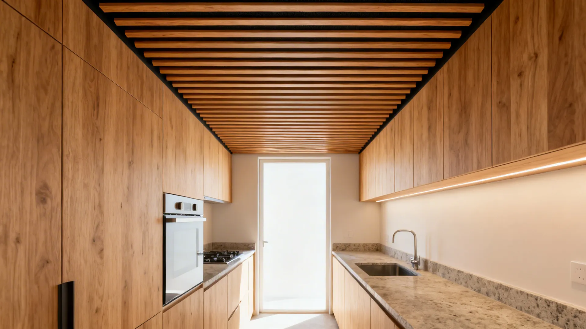 Narrow galley kitchen with wood-look slatted ceiling and black acoustic backing.