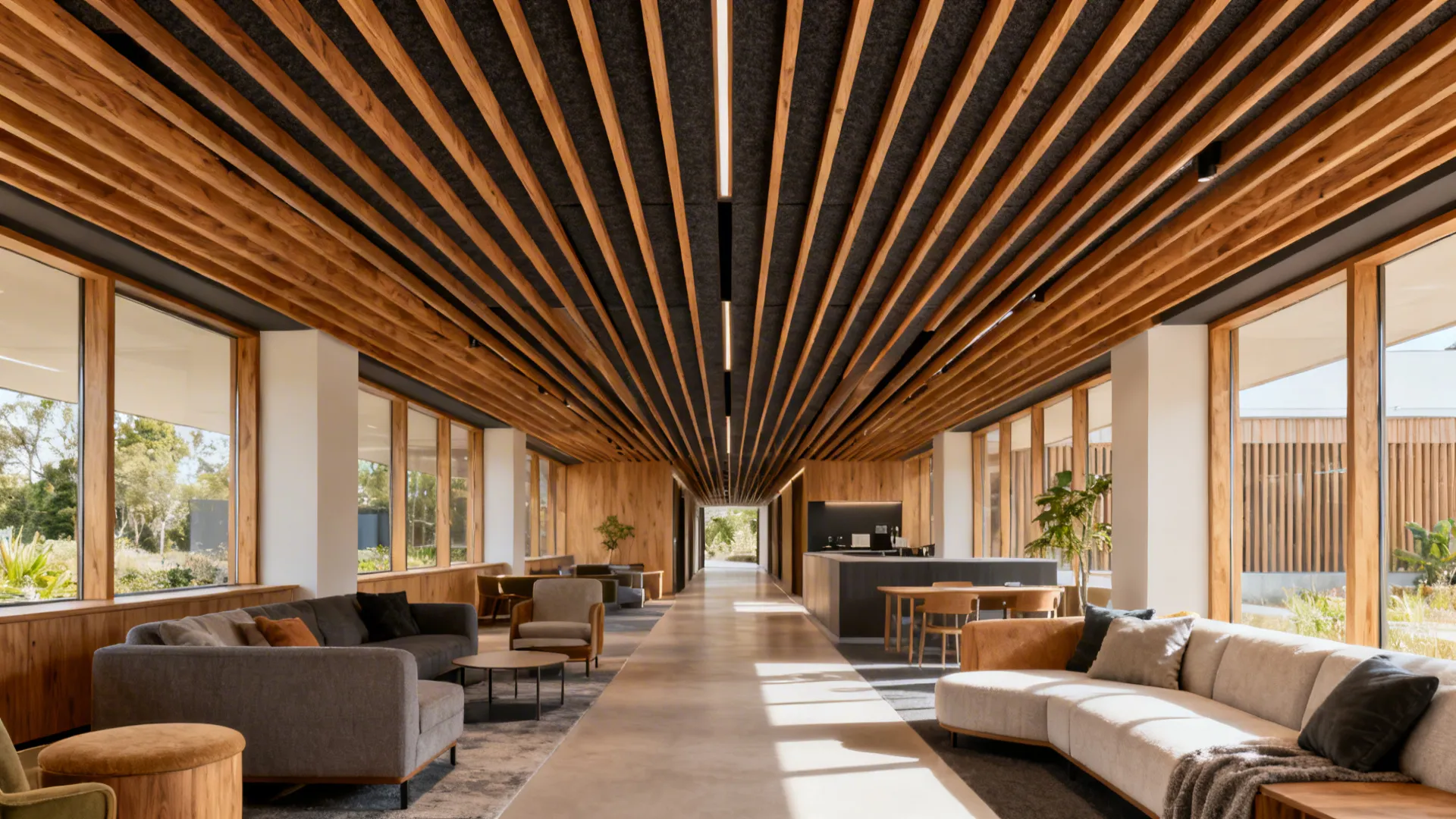 Oak ceiling slats with dark felt backing add warmth and acoustic control in an open living-kitchen.