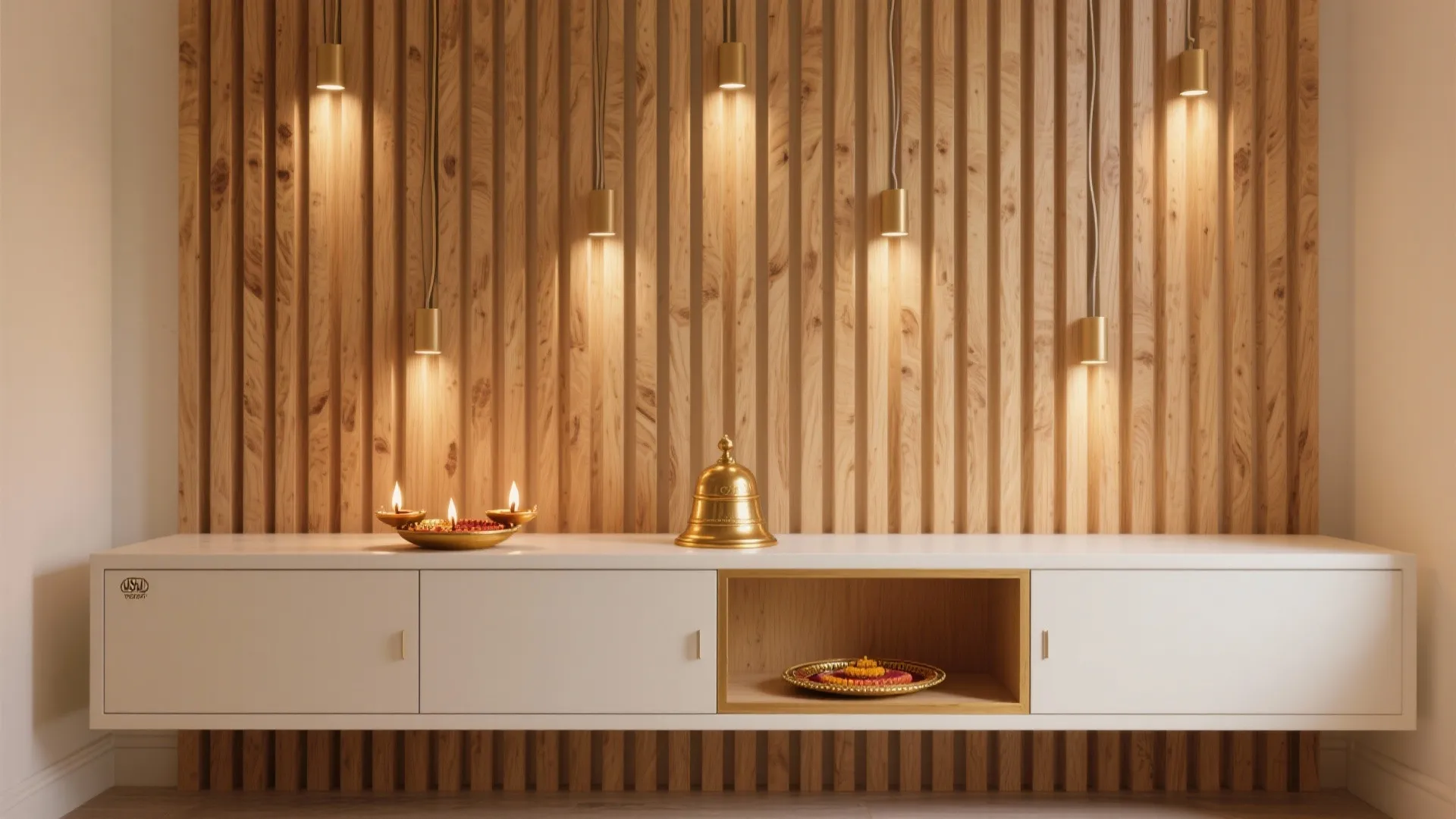 Wood Slat Wall with Hidden Storage and a Floating Shelf