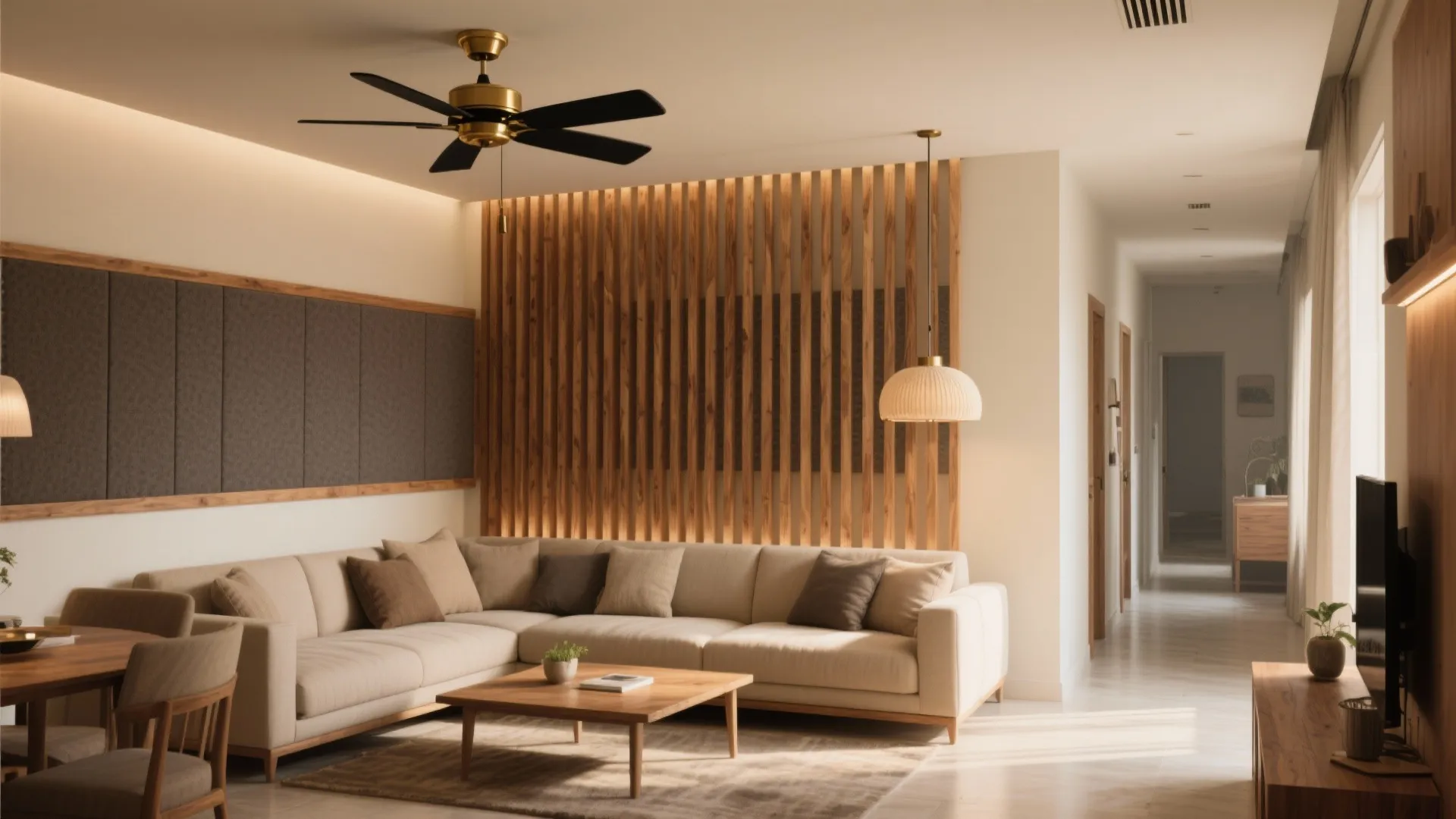 Warm Wood Slat Baffles to Zone the Space