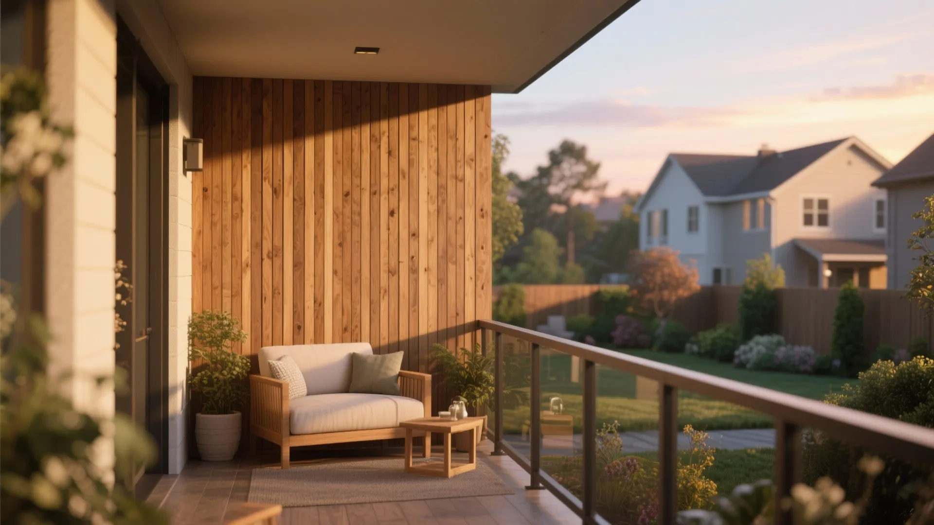 Wooden wall panel on a balcony featuring white sofa small table and green backyard view