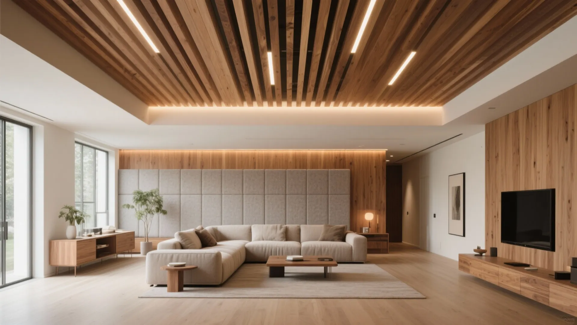 Warm Wood Slat Ceiling Band for Zoning