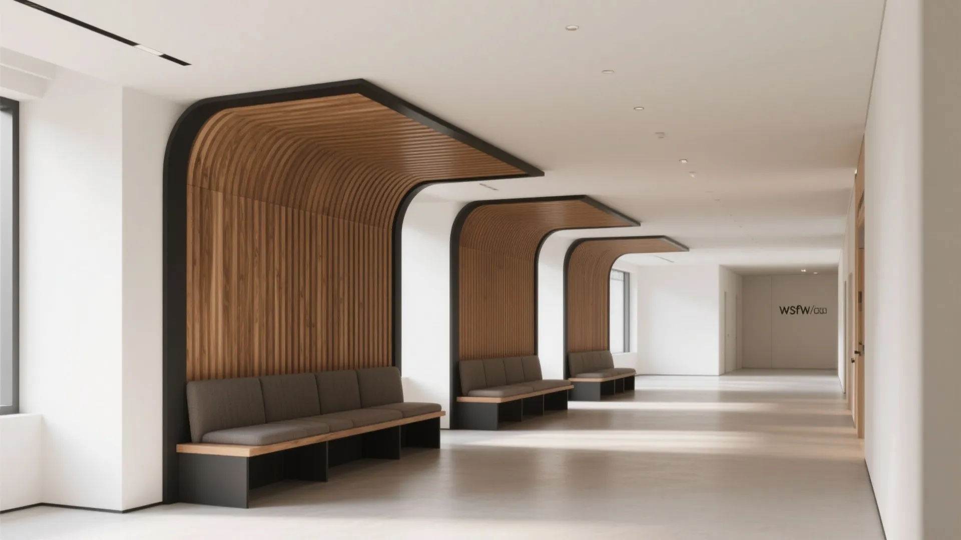 Warm Slatted Wood Ceiling to Break Linearity