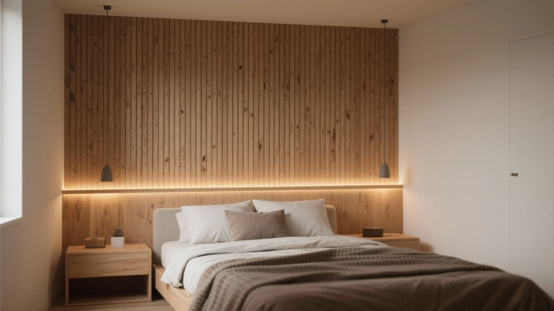 Warm bedroom interior with wood wall panel headboard lighting cozy bed and wooden side table furniture