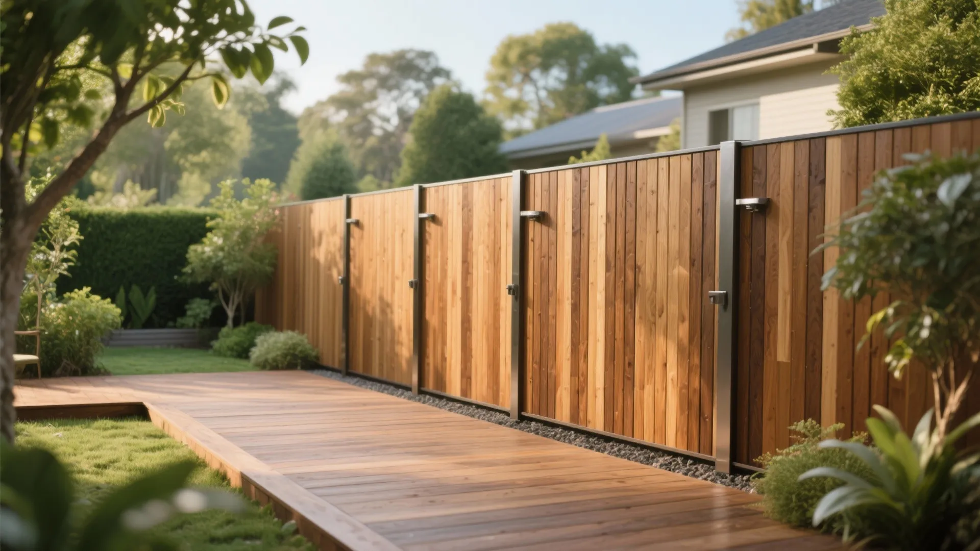 Modern outdoor wooden garden fence with vertical planks next to a wooden deck and green grass