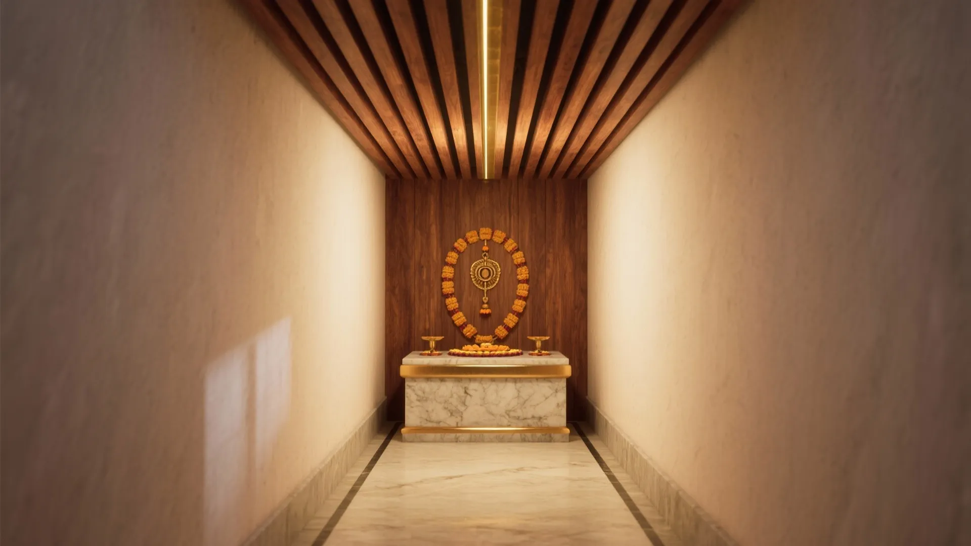 Wood Slat Ceiling with Brass Inlay