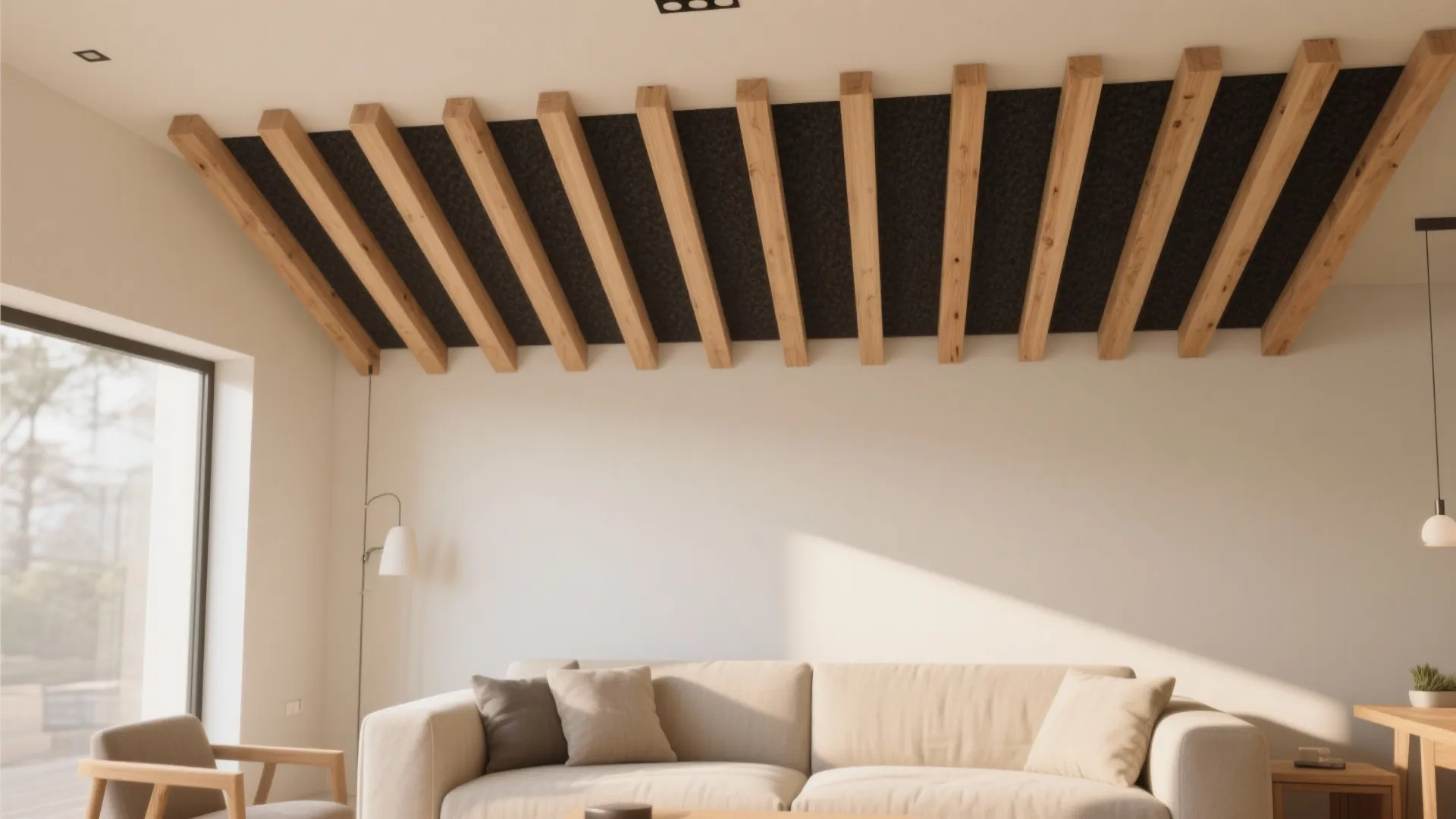 Modern living room featuring a wooden slat ceiling design above a white sofa with pillows