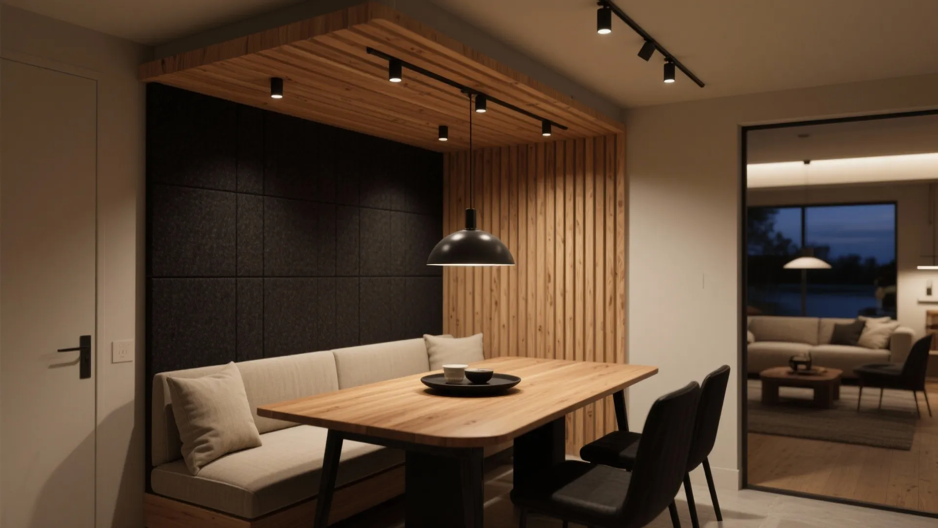 Wood slat canopy to warm the dining nook and tame echo