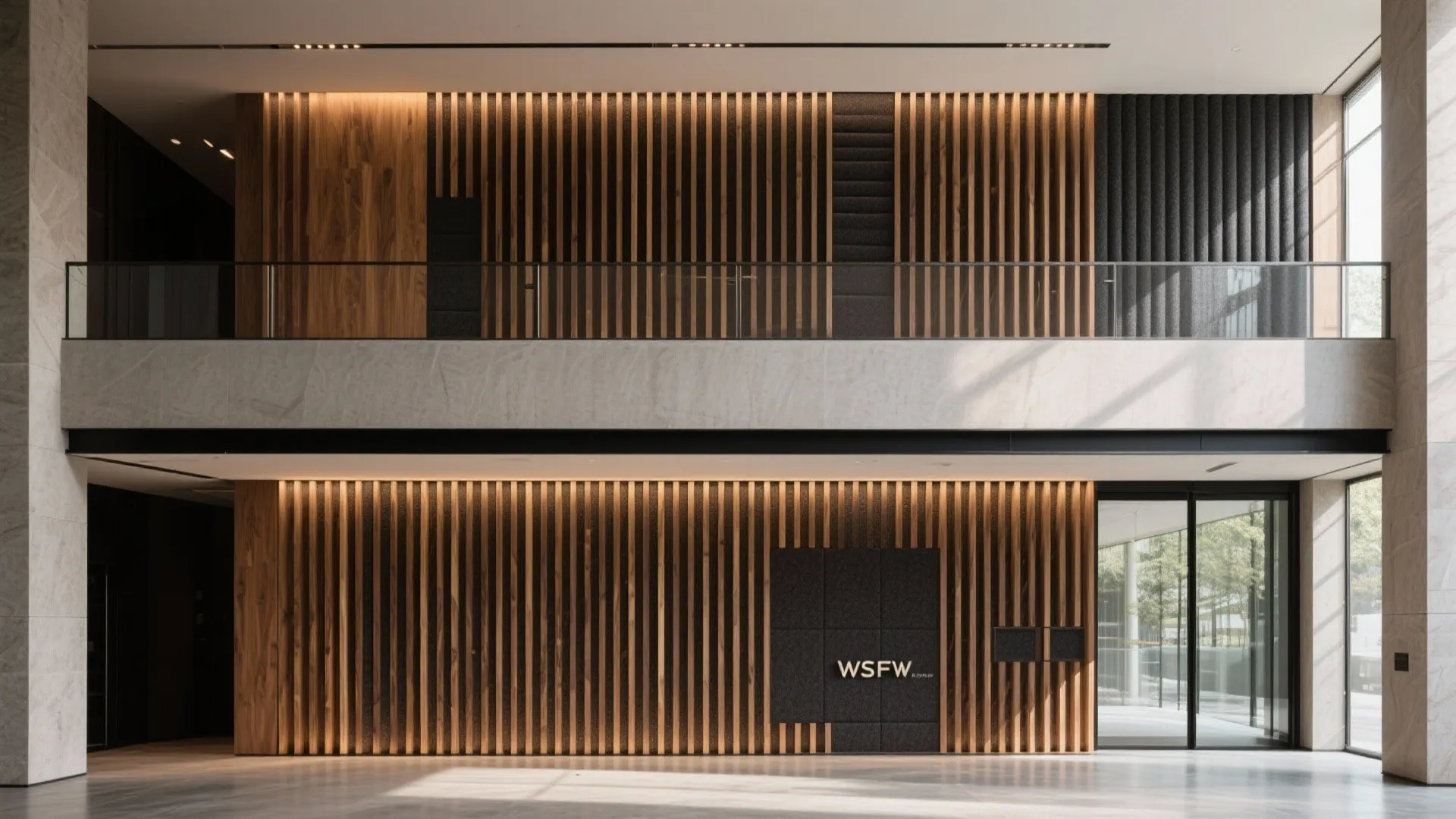 Modern building lobby featuring a double height wood wall panel design with warm lighting accents