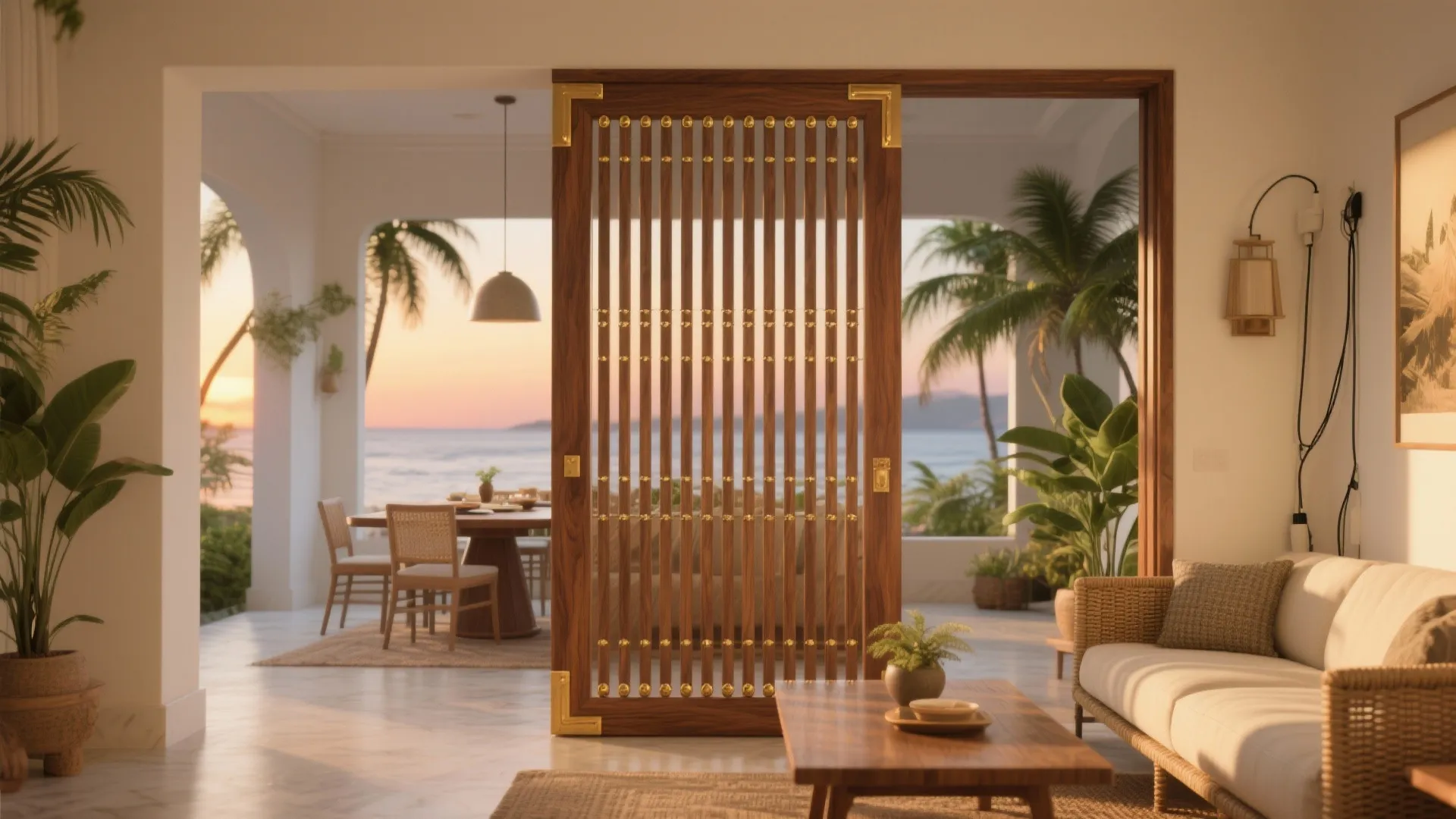 1) Wood Slat Screen with Brass Accents