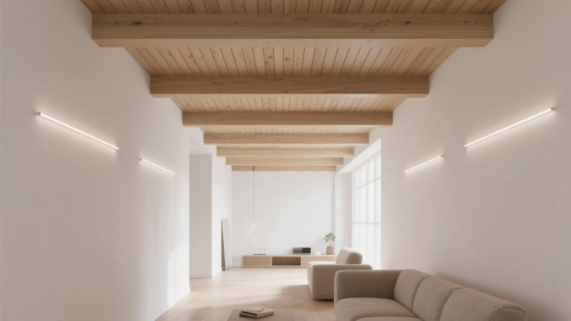 Warm wood slat ceiling and toned-down beams