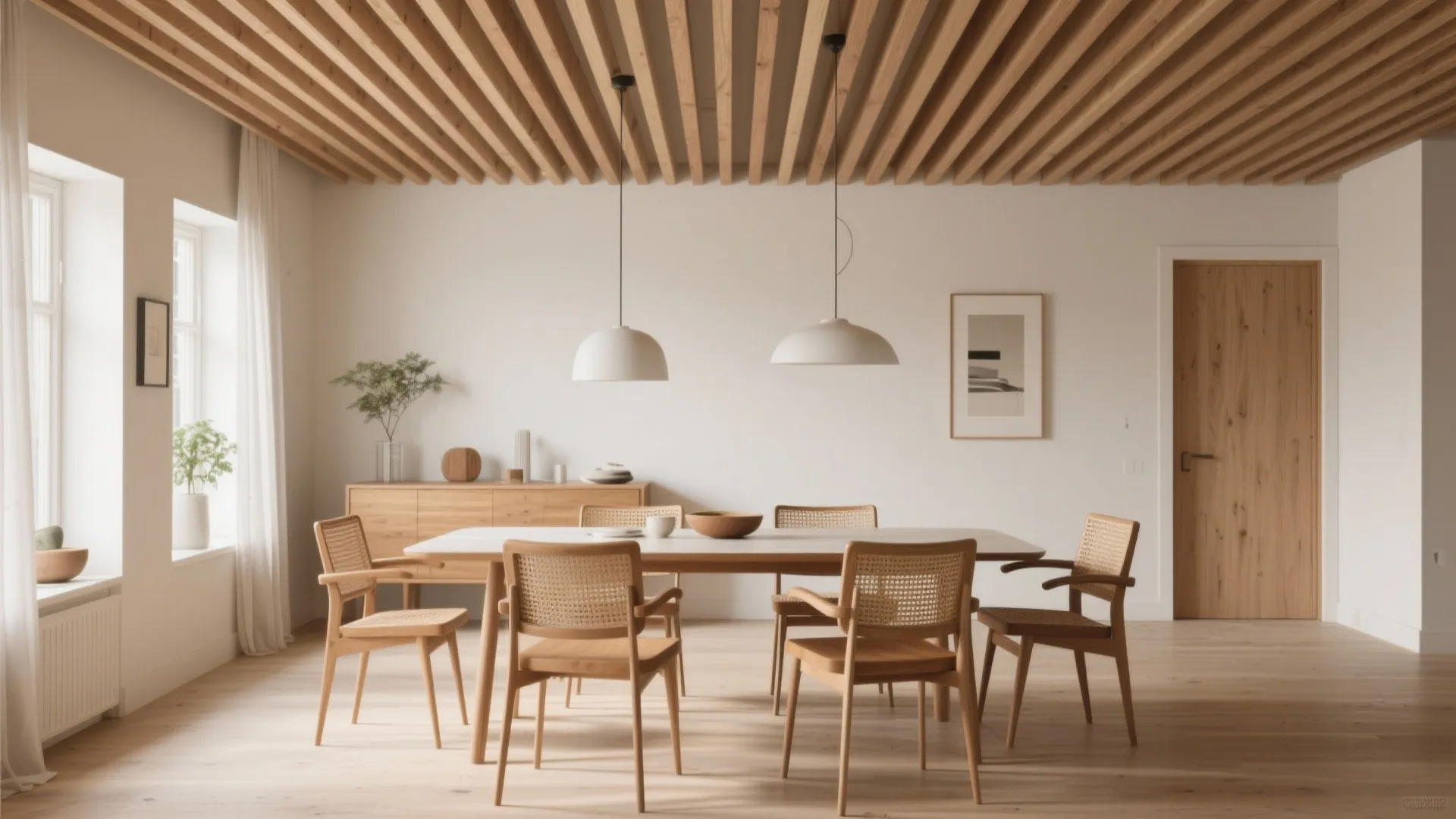 Minimalist dining area with wood slat ceiling white walls wooden table and light wood chairs set
