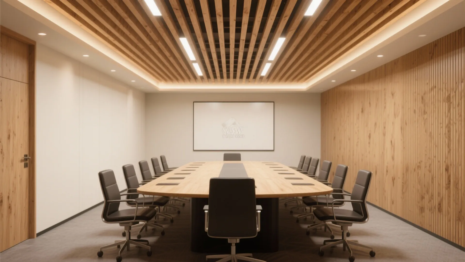 Modern meeting room featuring a wood slat ceiling with long light fixtures and large table