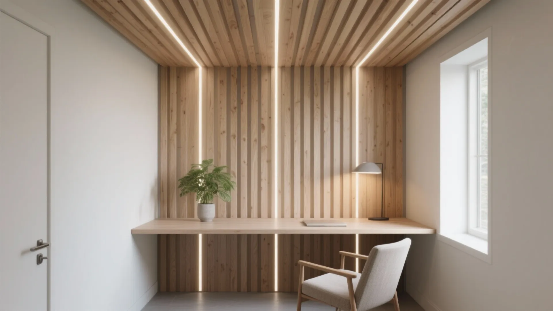 Home office study with wood slat wall and ceiling integrated strip lights desk and chair