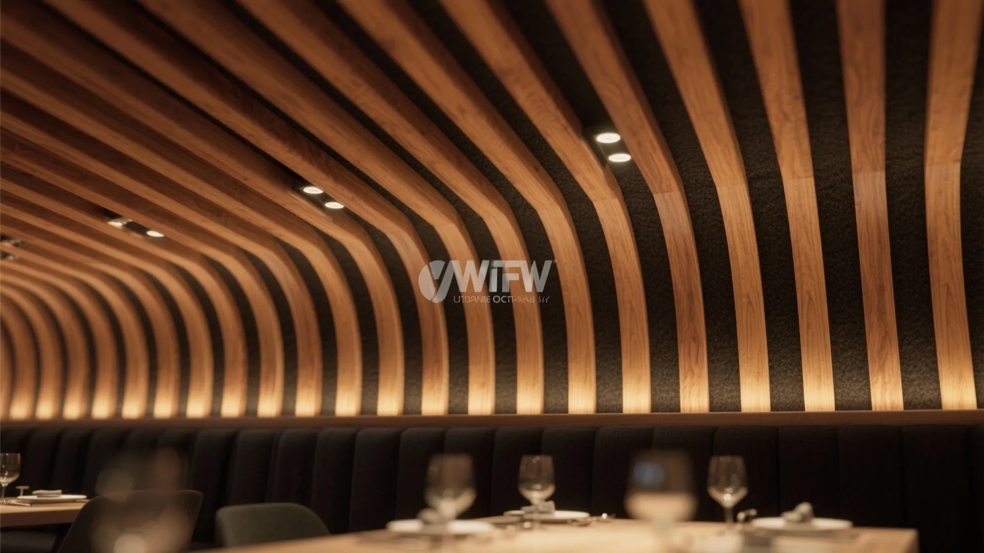 Curved wood slat ceiling design with small integrated lights above a dark restaurant seating area