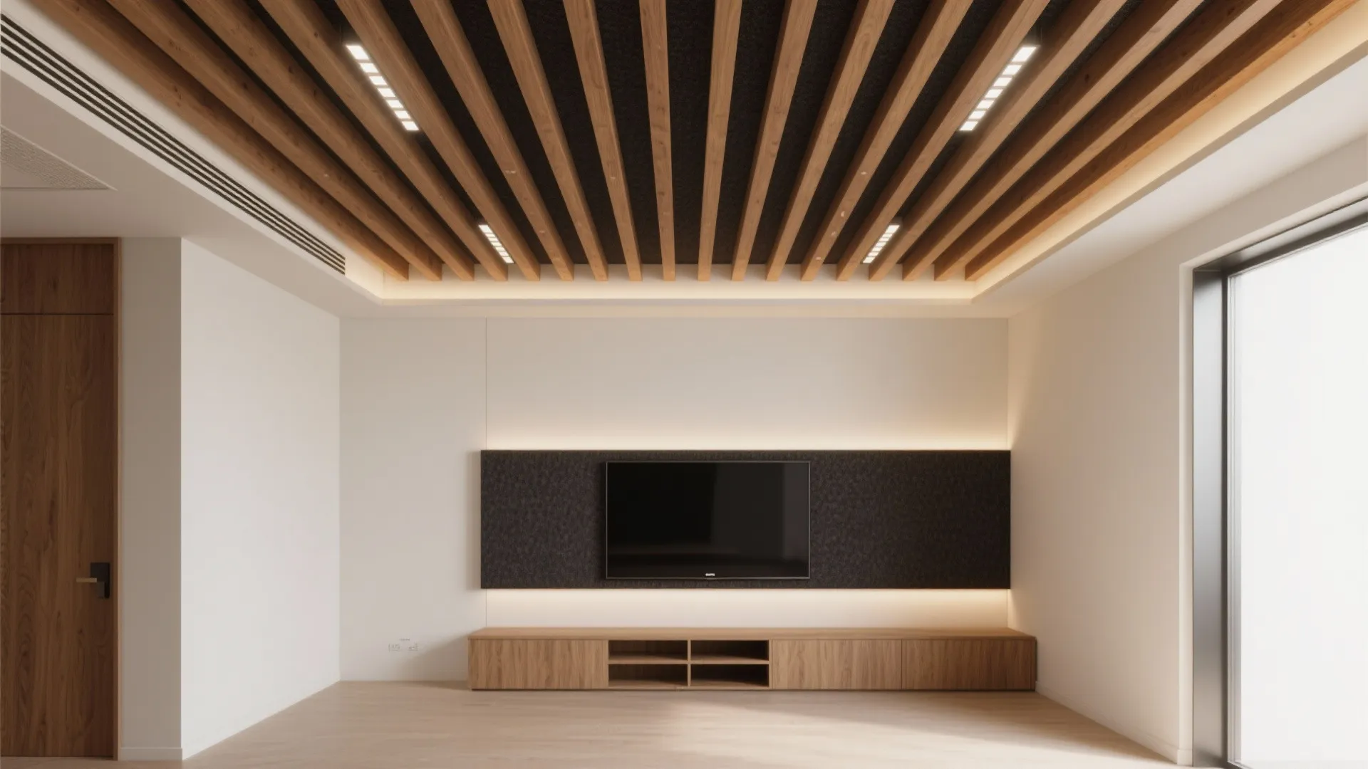 Warm Wood Slat Ceiling for Acoustics and Texture