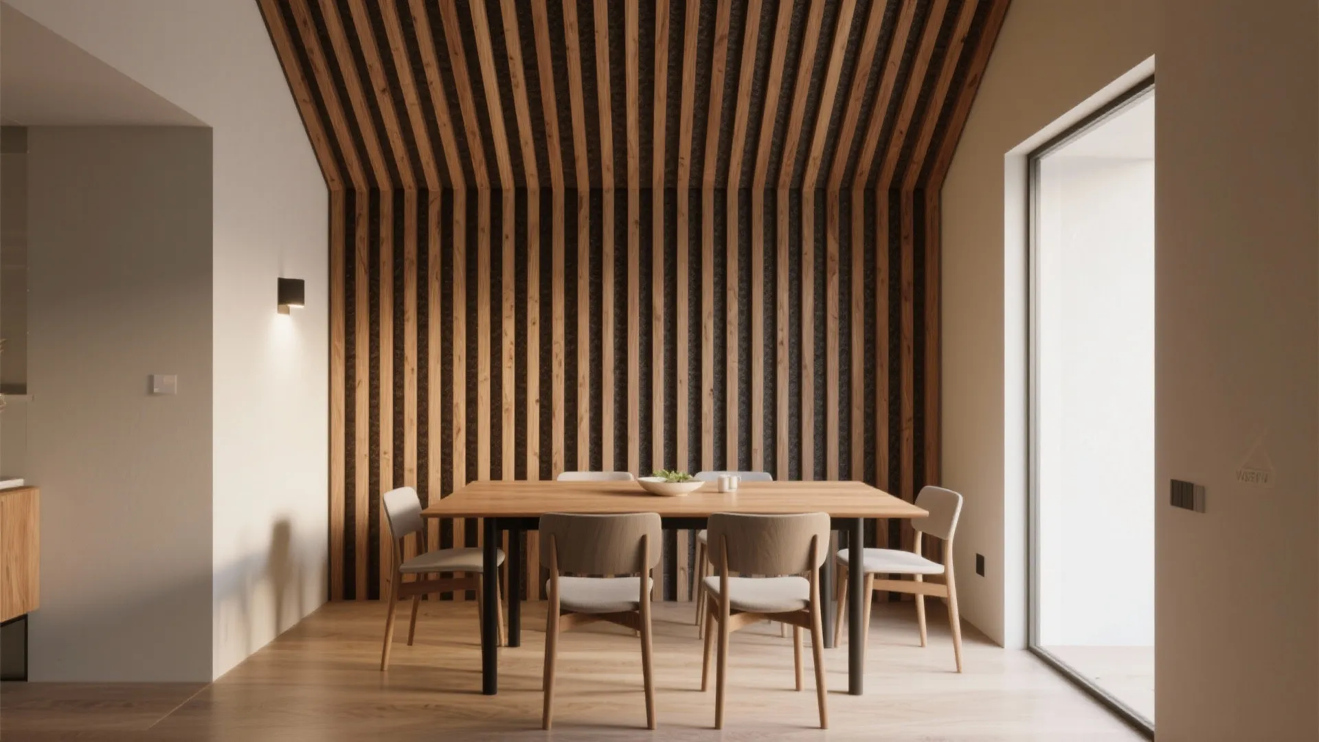 2) Textured Wood Slats for Warmth and Acoustics