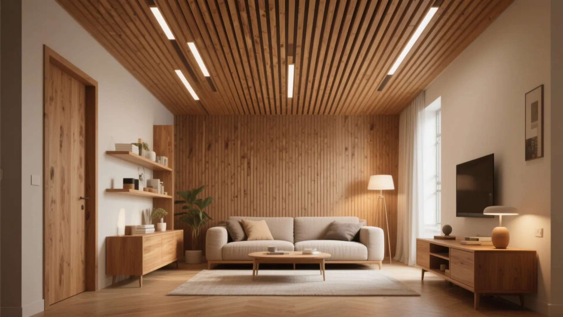 3. Install linear wood slats for texture and rhythm