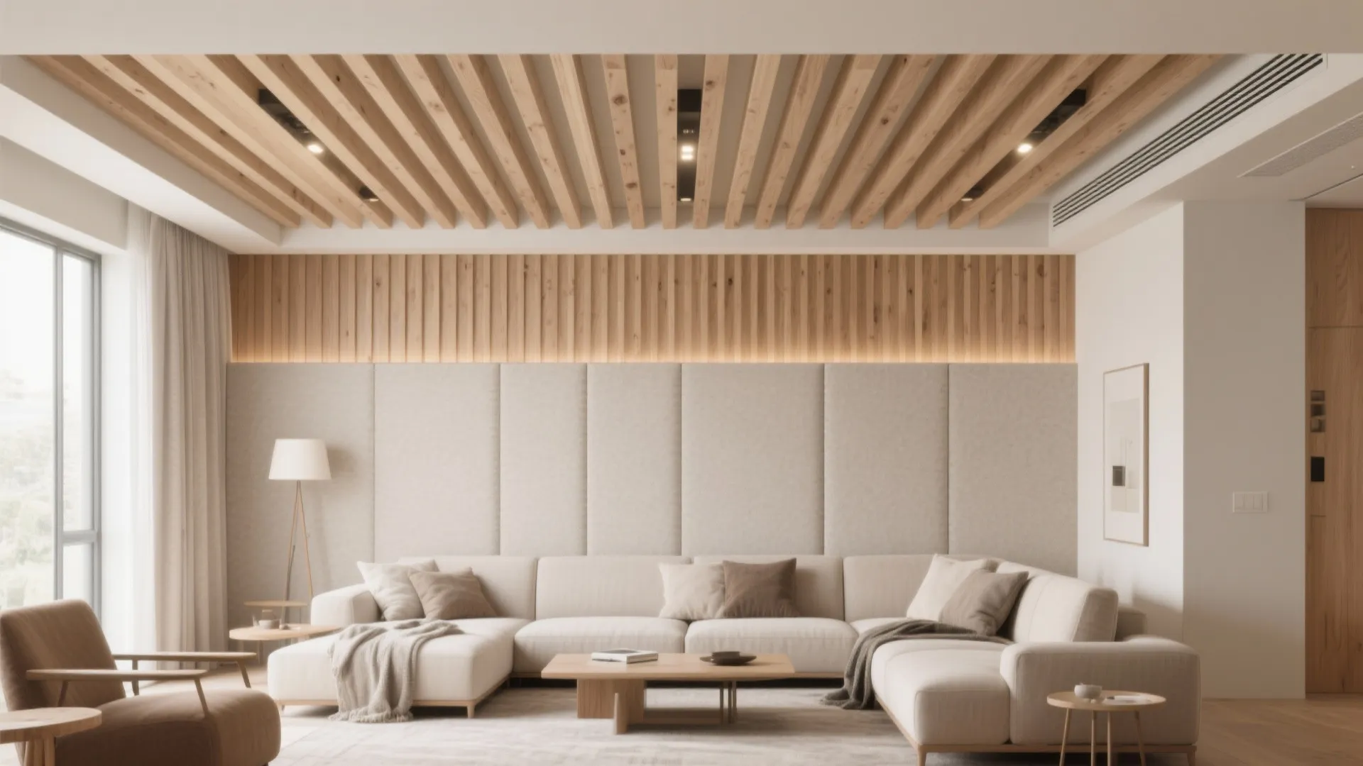 Slim wood slat ceiling for warmth and acoustics