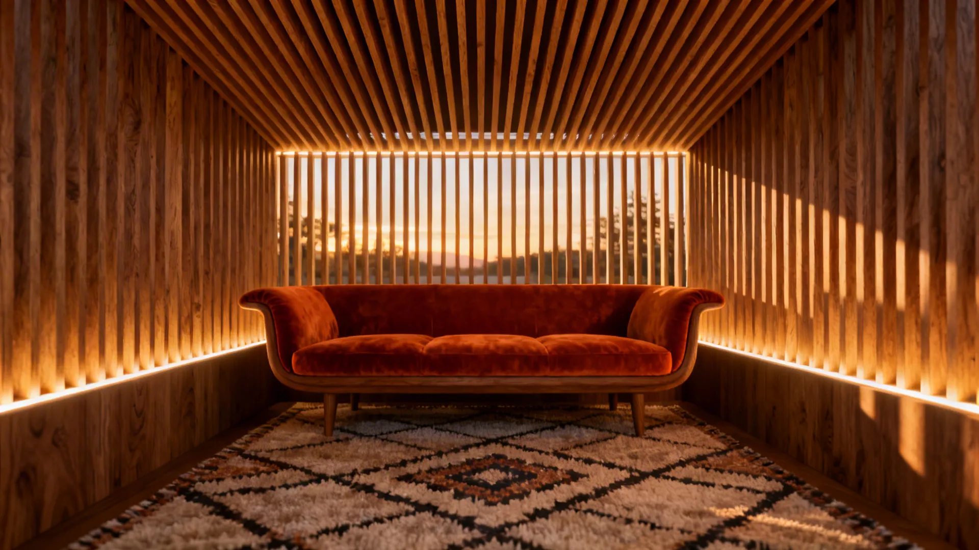 Red velvet sofa on patterned rug in room with wood slat walls and warm sunset light