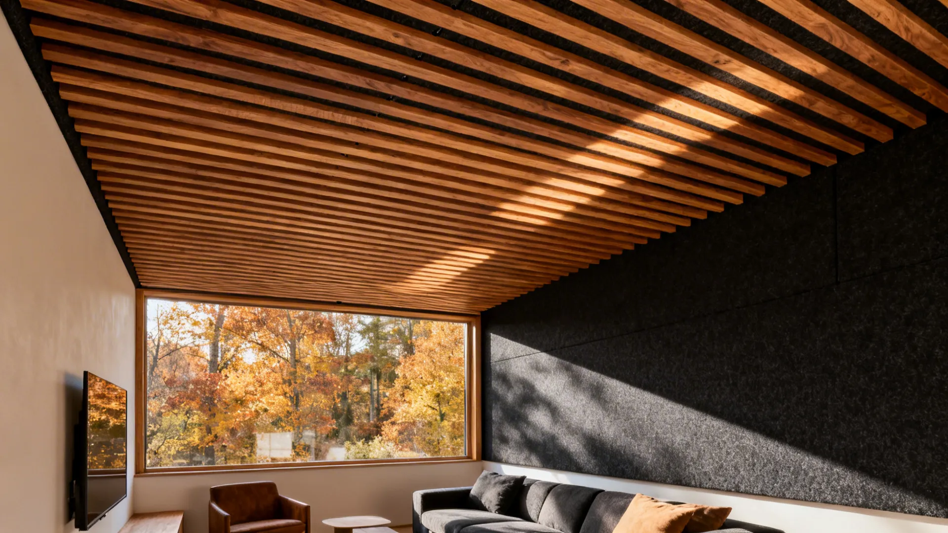 Oak slat ceiling over black acoustic felt adds warmth and reduces echo in a small living room.