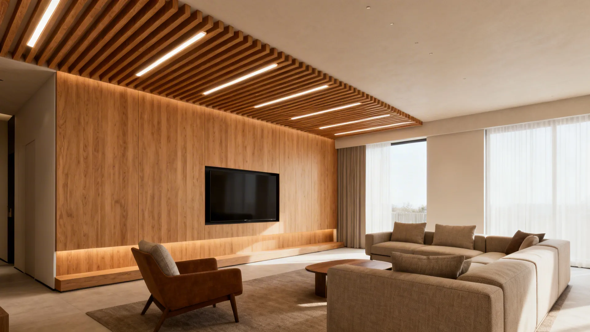 Linear wood slat ceiling section with warm 3000K LEDs over a modern seating area.