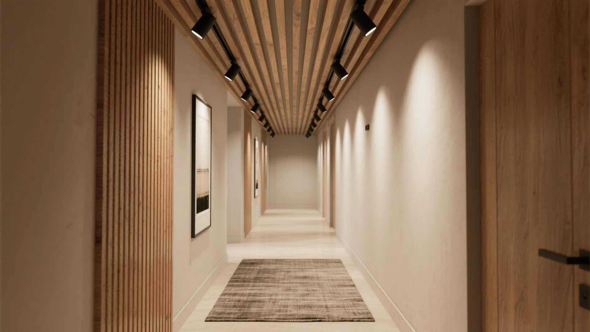 Modern long hallway featuring a wood slat ceiling with black spot lights and grey rug