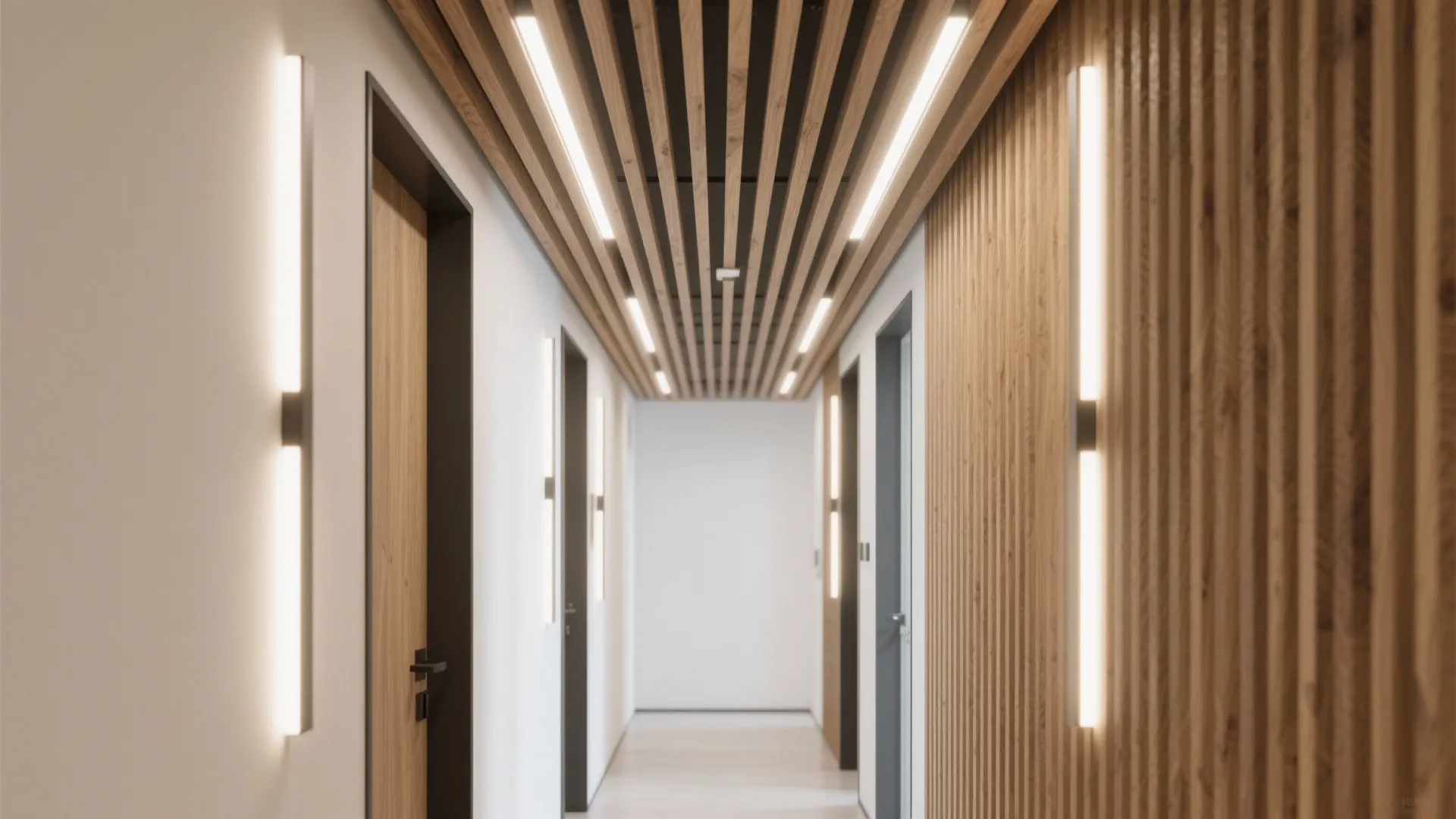 Contemporary slatted wood ceiling with integrated lighting