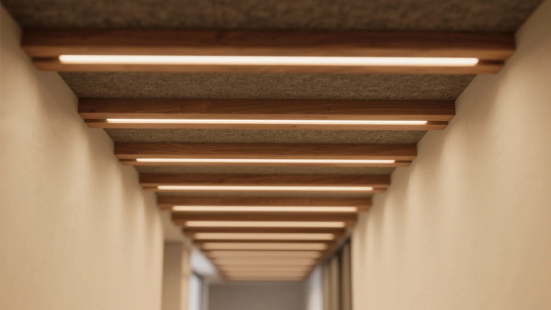 2) Linear slat feature ceiling in warm wood tones