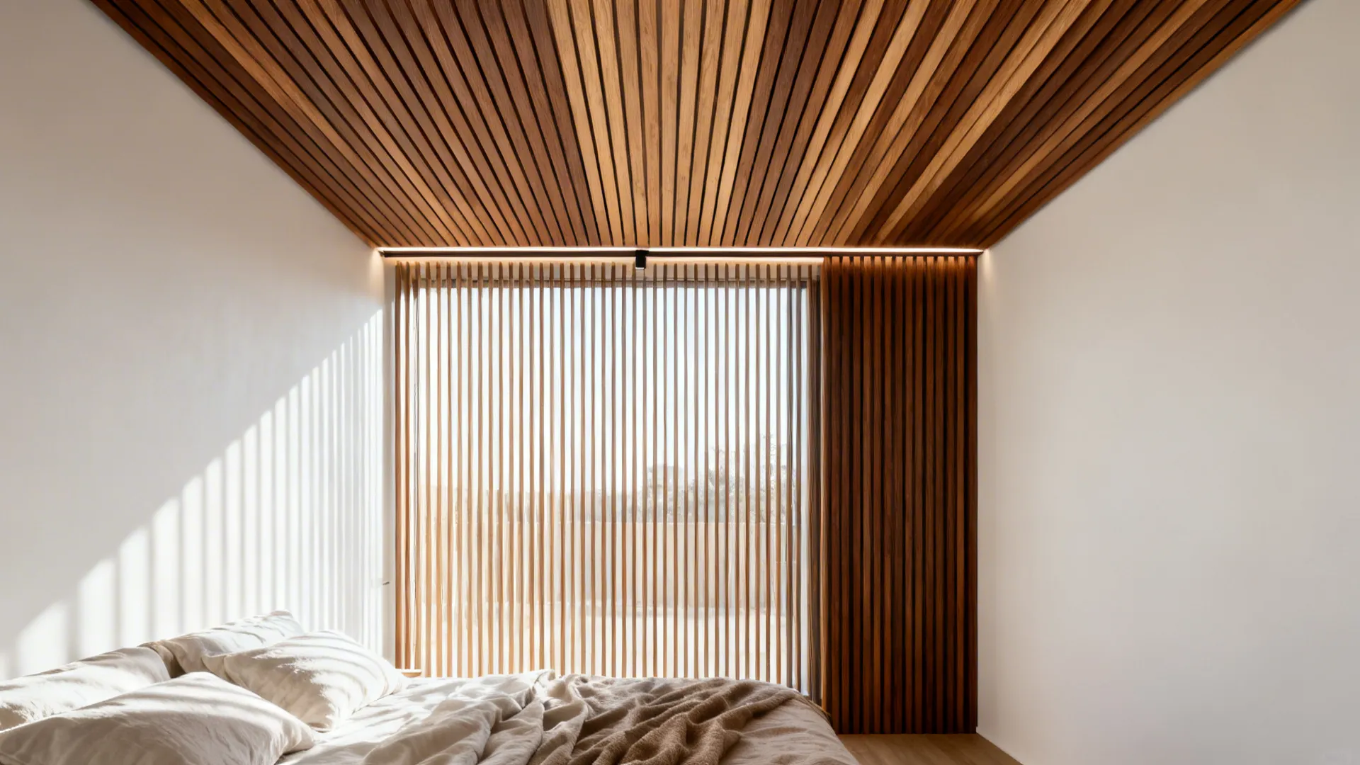 Textured Wood Slat Ceiling (Warm Scandinavian Touch)
