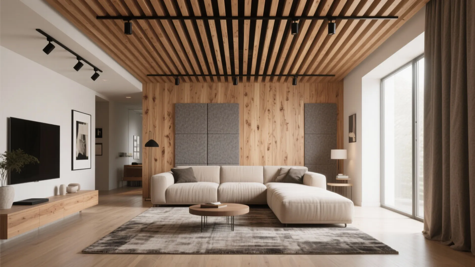3) Slim wood slat ceiling for warmth and acoustics