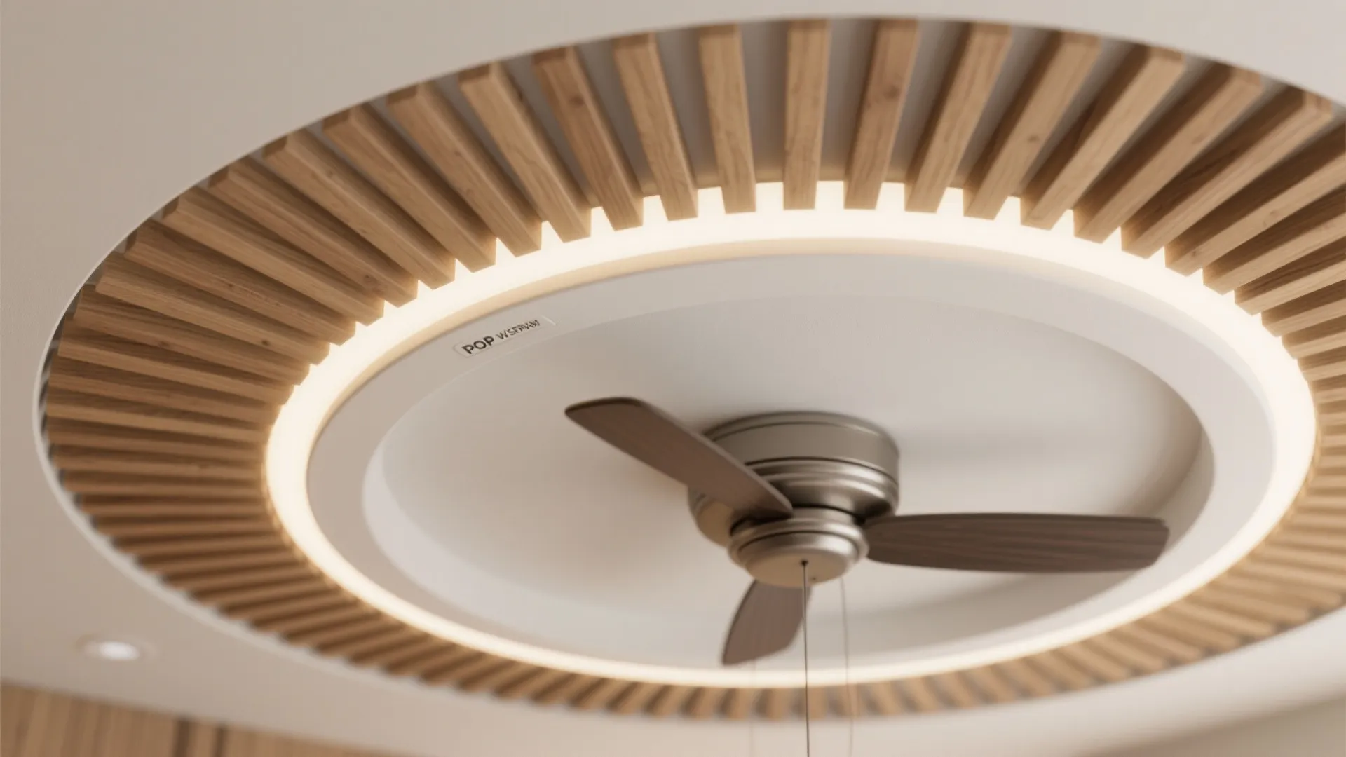 Close up of a ceiling fan with light fixture surrounded by circular wood wall panel
