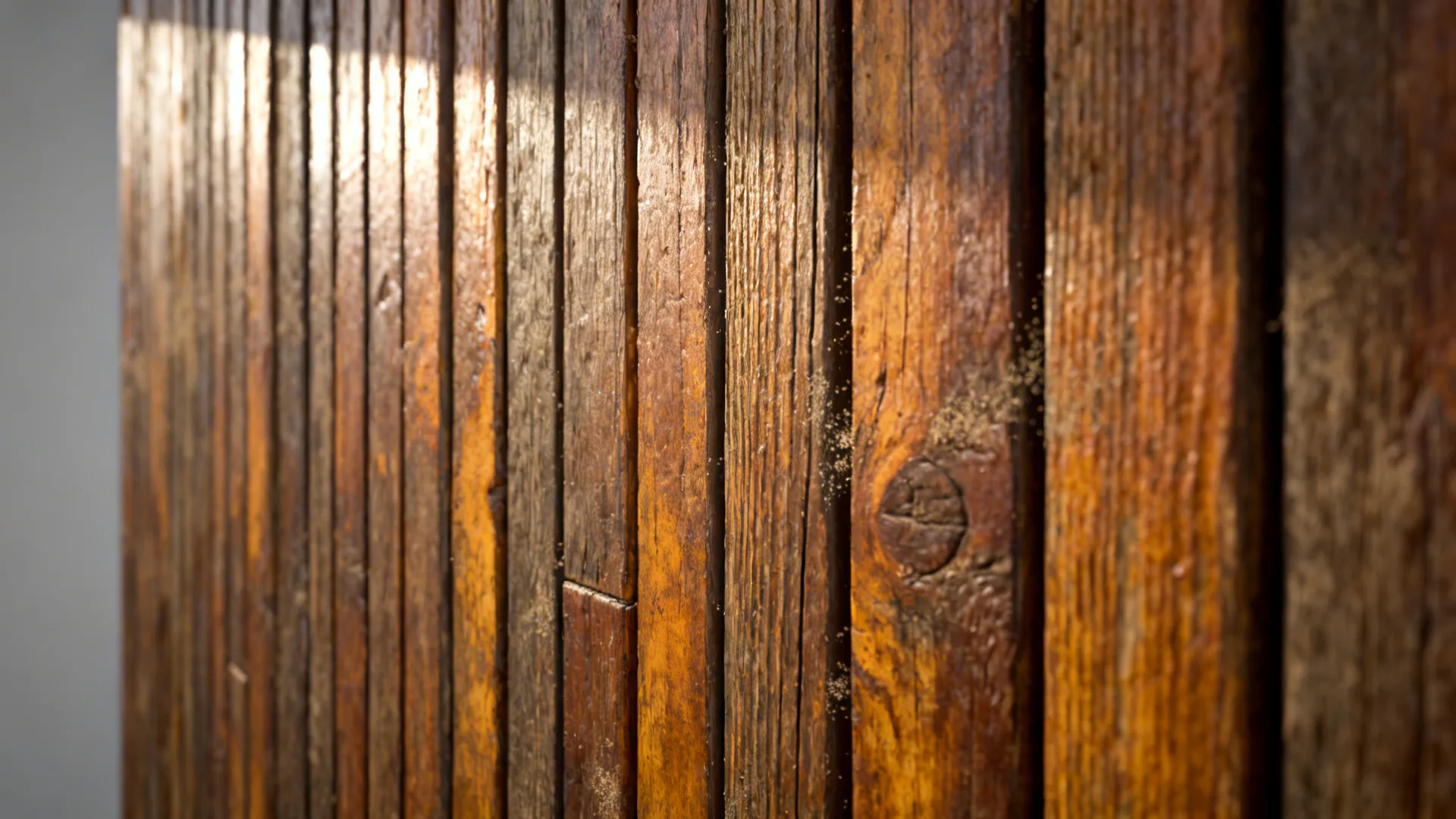 Close-up of vertical reclaimed wood slats showing grain and shadowing on an accent wall.