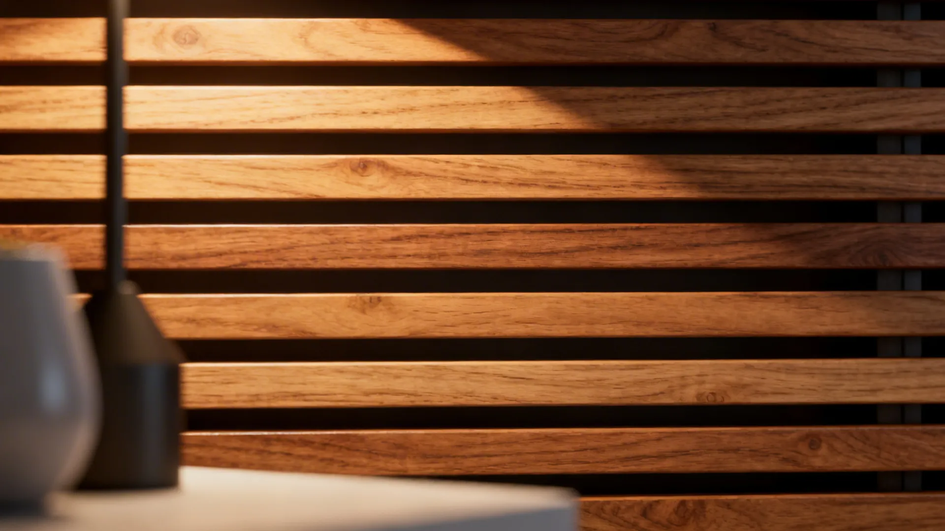 Horizontal wood wall panel slats with warm sunlight hitting the natural grain of the wood