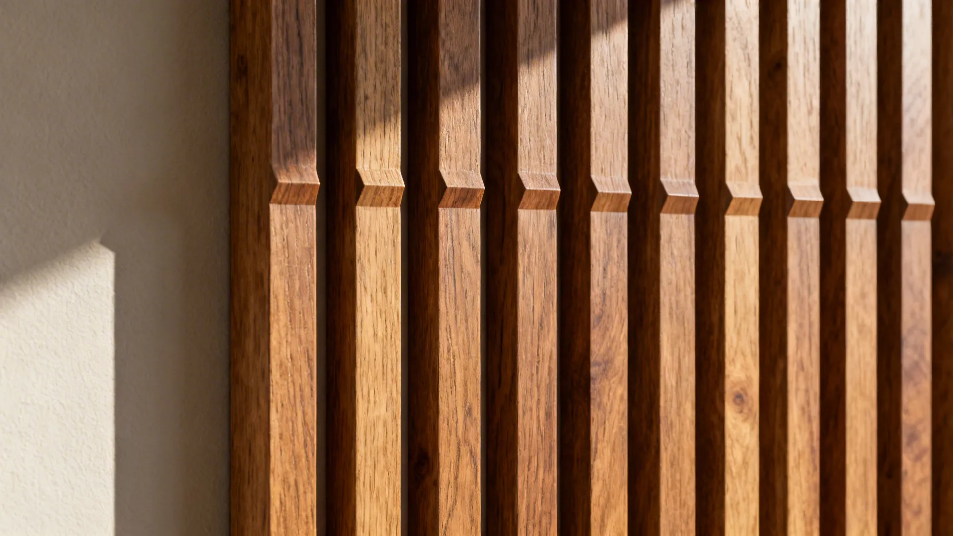 Close-up of oak slat wall with precise spacing and grain.