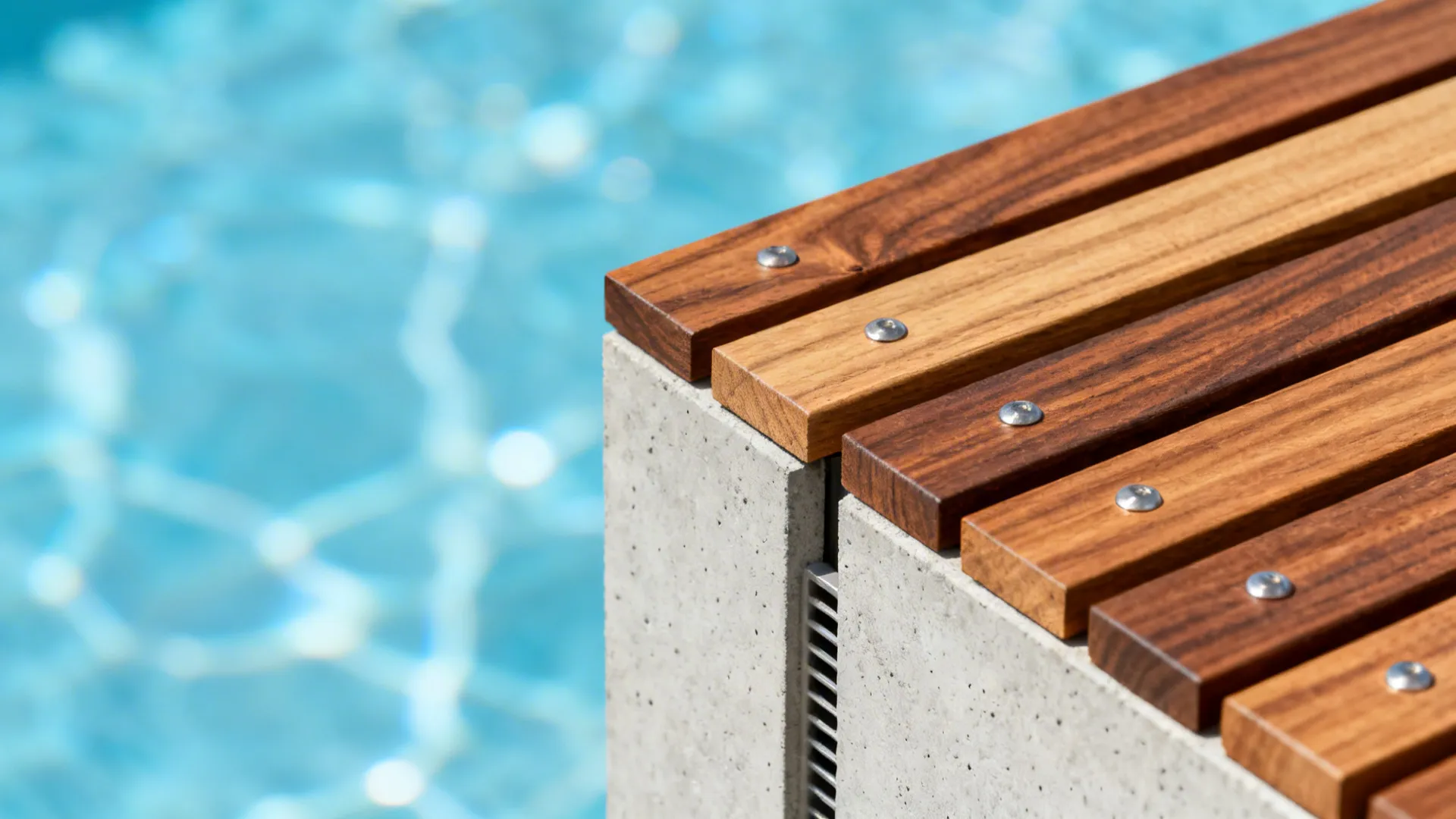 Close up of wood slats attached to a concrete base near a blue swimming pool