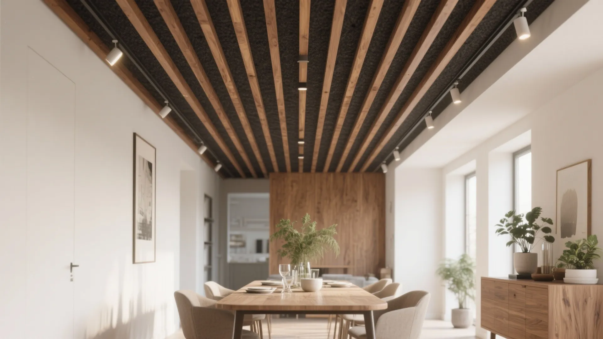 Bright dining room with long wooden table wooden slat ceiling track lights and indoor potted plants
